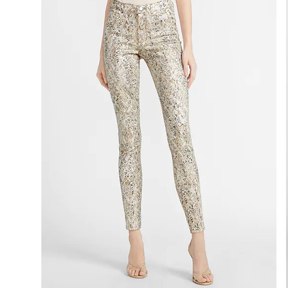 MID RISE FOIL SNAKESKIN PRINT SKINNY JEANS